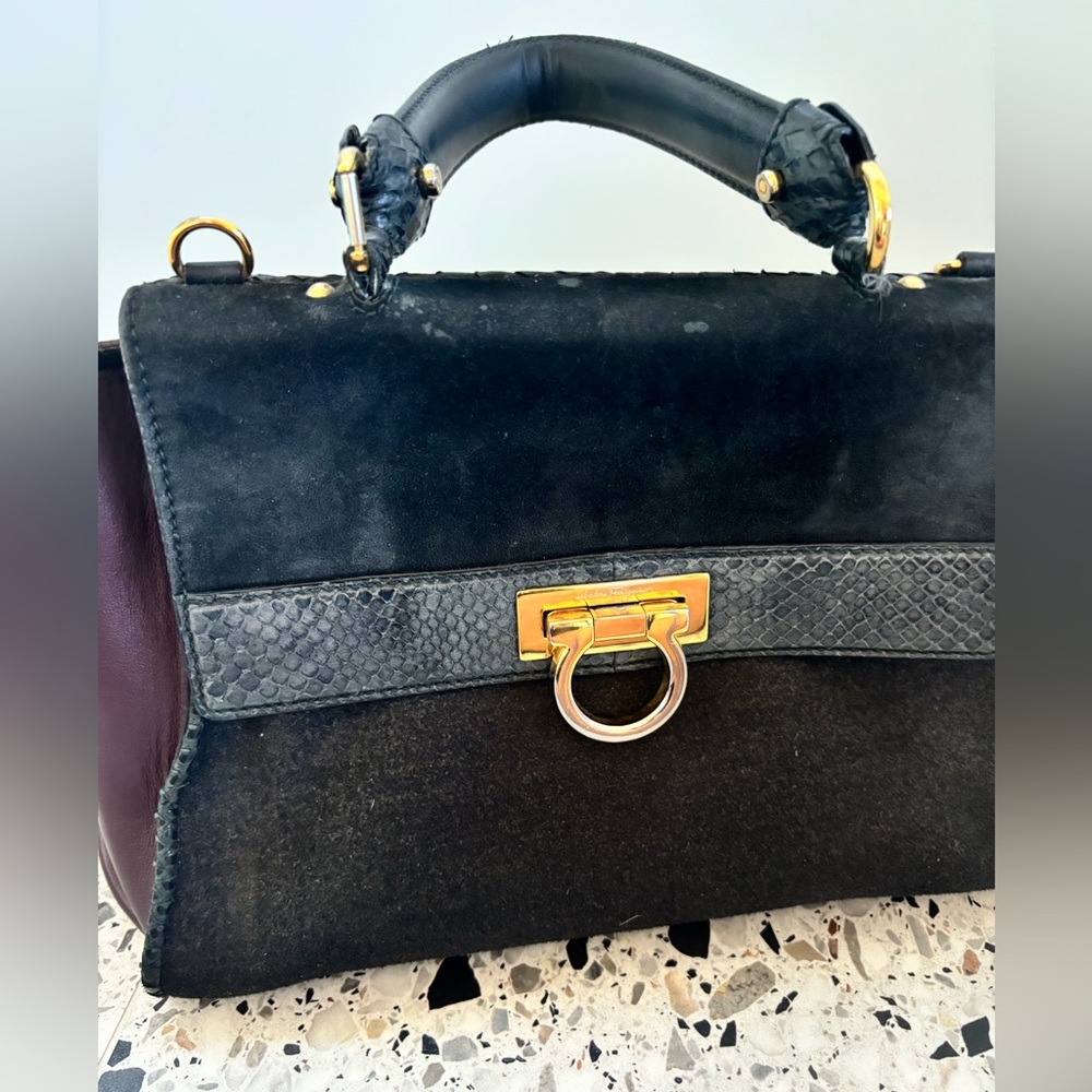 Salvatore Ferragamo Bag in Black Suede, Purple Leather, and Charcoal Flannel